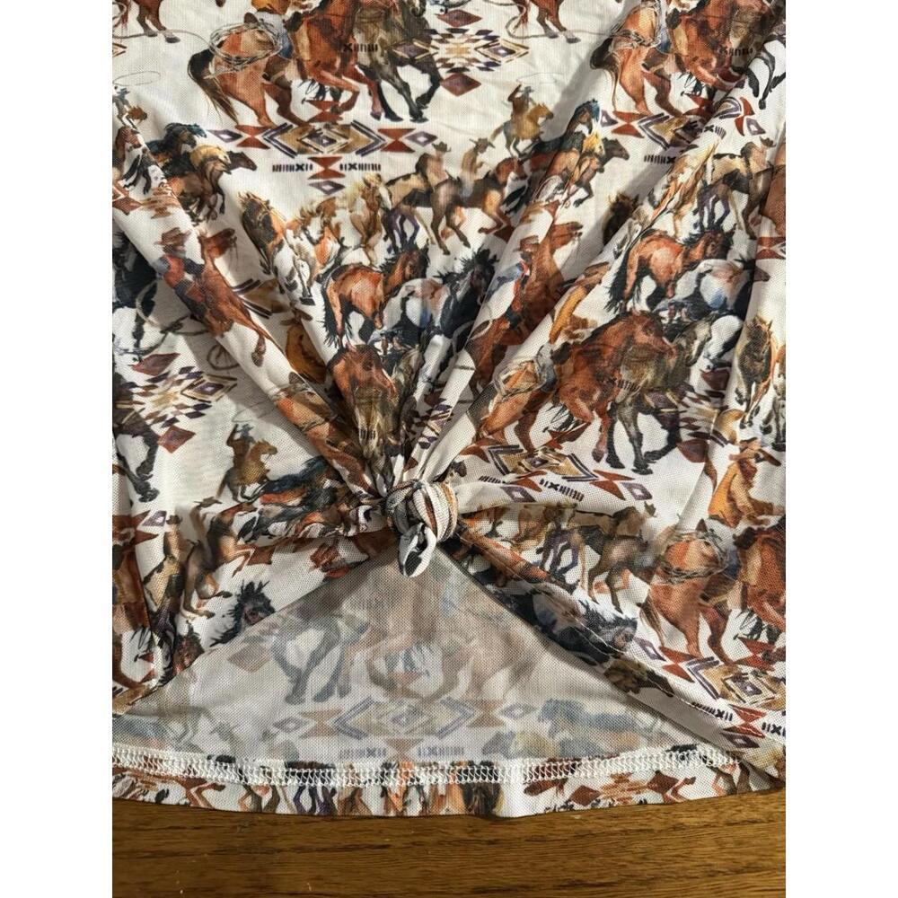 Janz Brand Women’s Small Western Style Mesh Top Horsing Around Cowboy Print - Picture 5 of 6